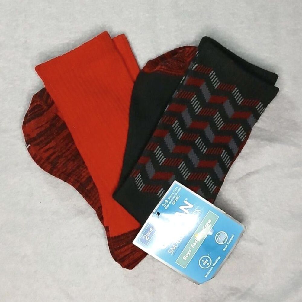 2 pr Gildan Crew Socks Arch Support Moisture Wicking Black Red Youth Boys 3 - 9